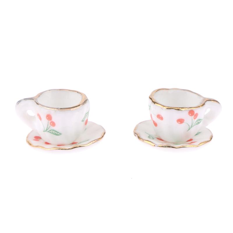 1Set/2Pcs 1:12 Dollhouse Miniature Cherry Ceramic Cup Saucer Kitchen Tableware Model Decor Toy Doll House Accessories