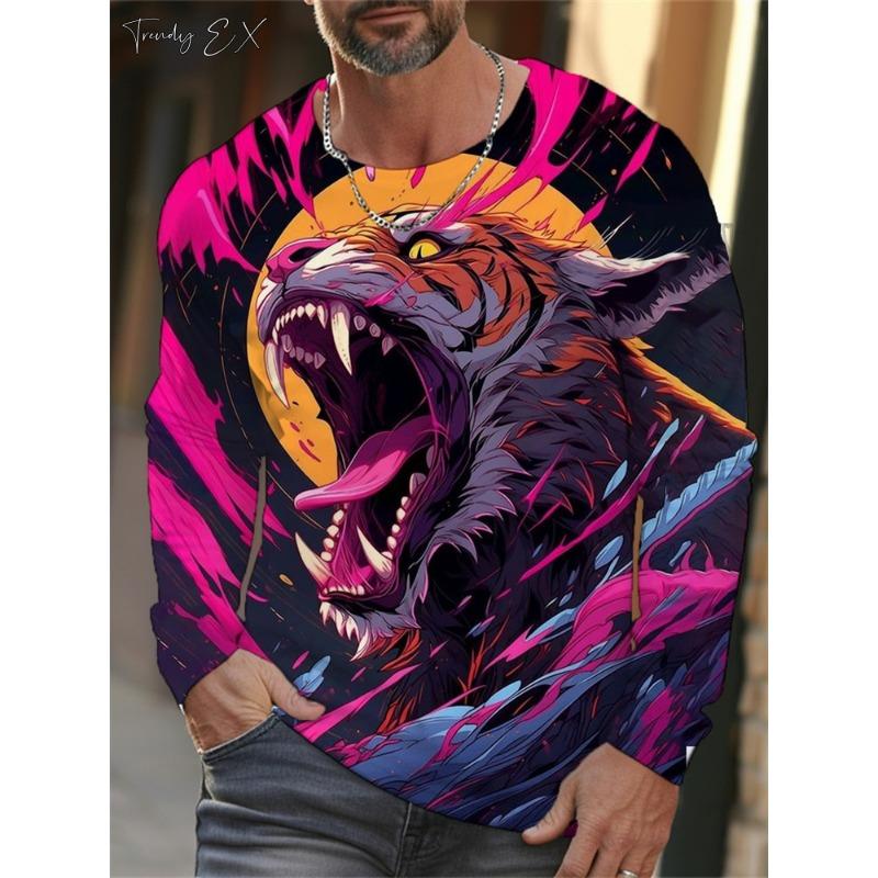 Men's T-Shirts 3D Tiger Print Streetwear Harajuku Fashion O-Neck Graphic T Shirts Tops Casual Sport Long Sleeve Gym Clothing Men