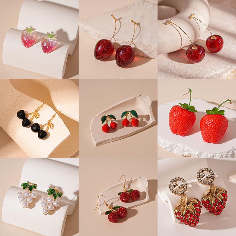 Sterling Silver Needle Earrings: Summer Sweet Strawberry, Cherry & Grape - Cute, Fresh, Versatile Ear Accessories