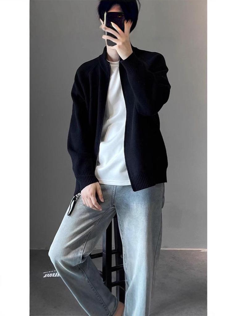 Men's Stand Collar Korean Style Double Zipper Knit Cardigan for Autumn/Winter