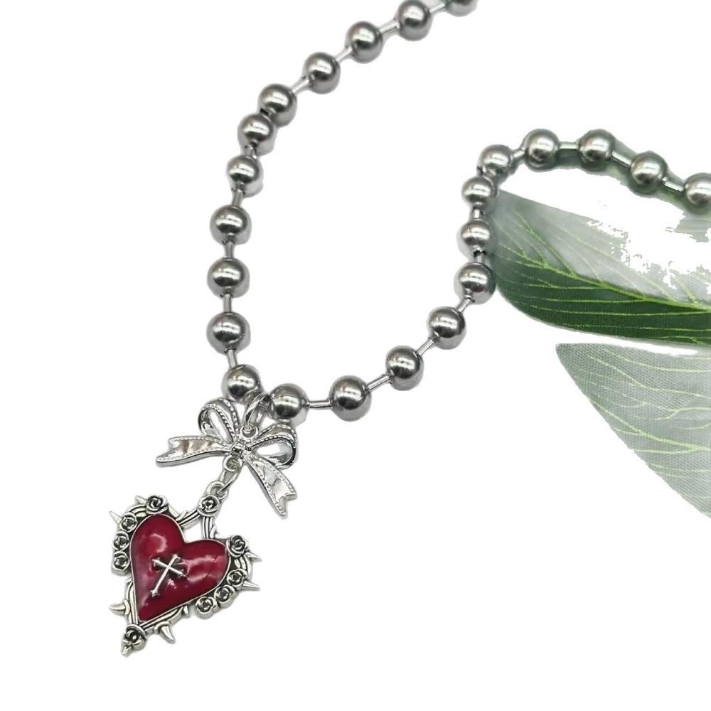 Y2k Subcultuur Zilverkleurig Strikje Rode Druipglazuur Doornig Hart Hanger Kralenketting Ketting voor Vrouwen Mannen Gotische Charm Sieraden