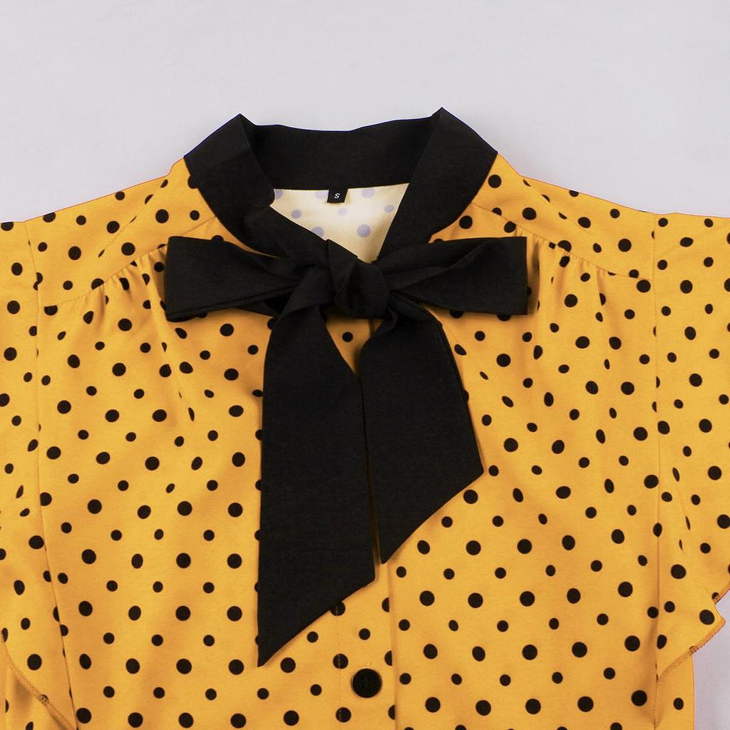 Sukienki biurowe dla kobiet z bufiastymi rękawami, granatowym kołnierzykiem, w kropki, sukienka typu swing retro dla dojeżdżających do pracy, z paskiem, z wysokim stanem, strój codzienny, strój do pracy i biznesu