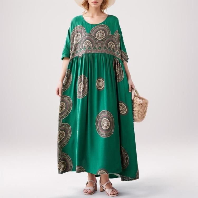 Neues Sommerliches Blumen-Maxikleid für Damen Übergröße Vintage-Stil Locker O-Ausschnitt Kurzarm Urlaubs-Kleid