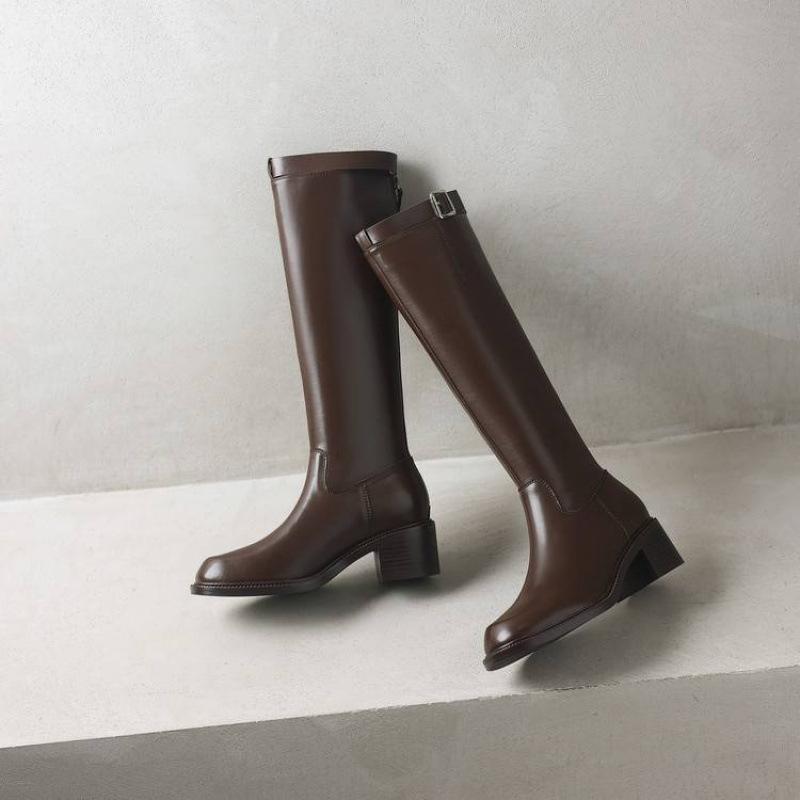 Autumn and Winter Solid Color Leather Women's Fashion Boots High Heel Large Size Women's Boots Rubber Sole Square Head Zipper Cowhide High Boots