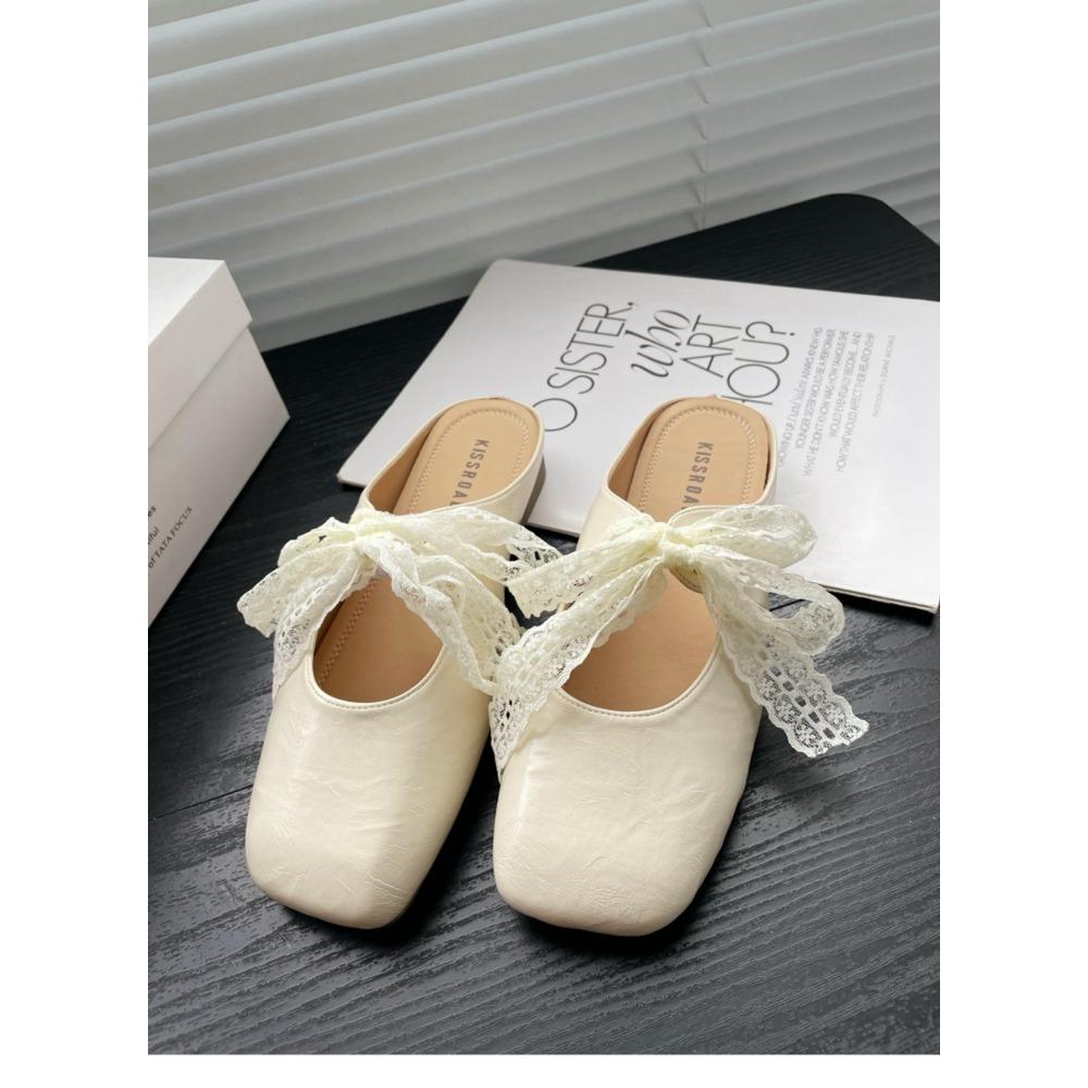 JMXD-французский темперамент сумка голова полутапочки женская летняя одежда, атласная фея мягкая подошва Lazy Muller одинарные туфли 35 бежевый