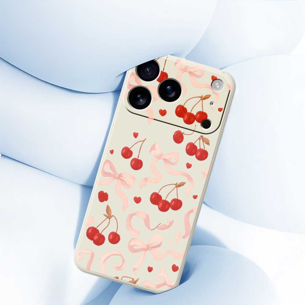 For iPhone 17 Pro Max Case Big Bow Cherry Pattern Printing Straight Edge TPU Phone Back Cover