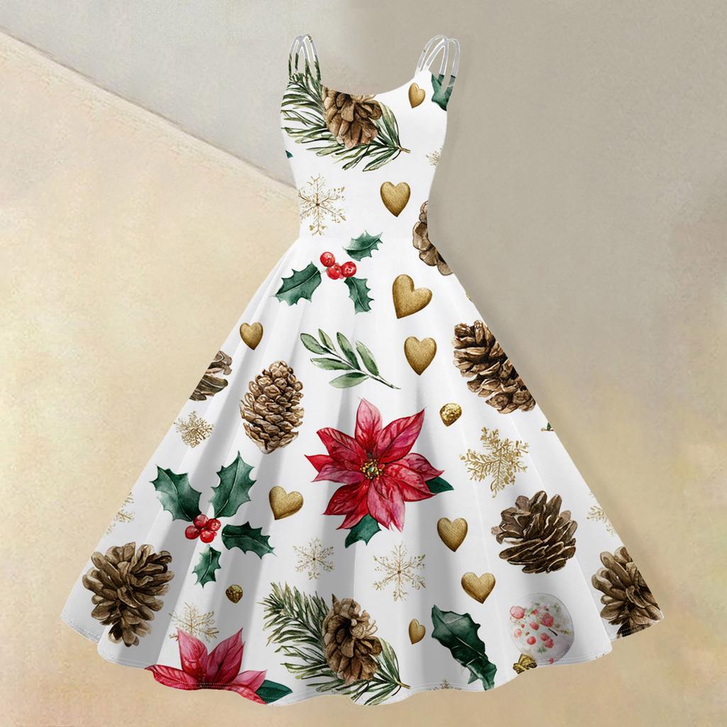 (buon Natale) Abito Casual da Donna alla Moda con Stampa Fiocco di Neve Natalizio/Albero di Natale/Pupazzo di Neve Girocollo Retro