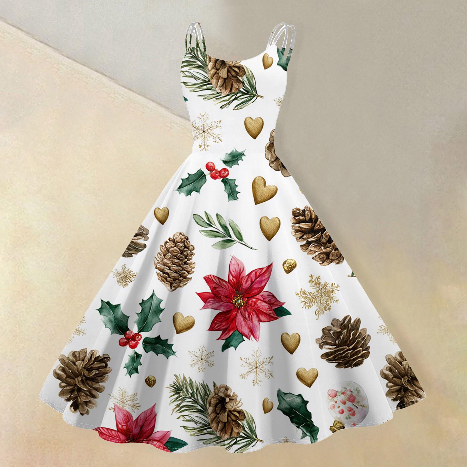 

(счастливого Рождества) Женское повседневное модное платье в стиле ретро с принтом рождественской снежинки/рождественской елки/снеговика и круглым вырезом XL белый