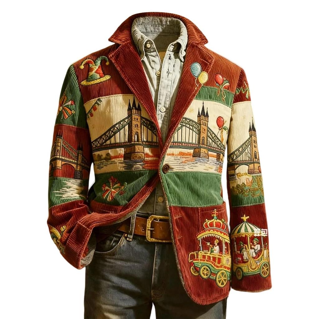 Men's Casual Trend Digital Print Corduroy Cardigan Suit Jacket
