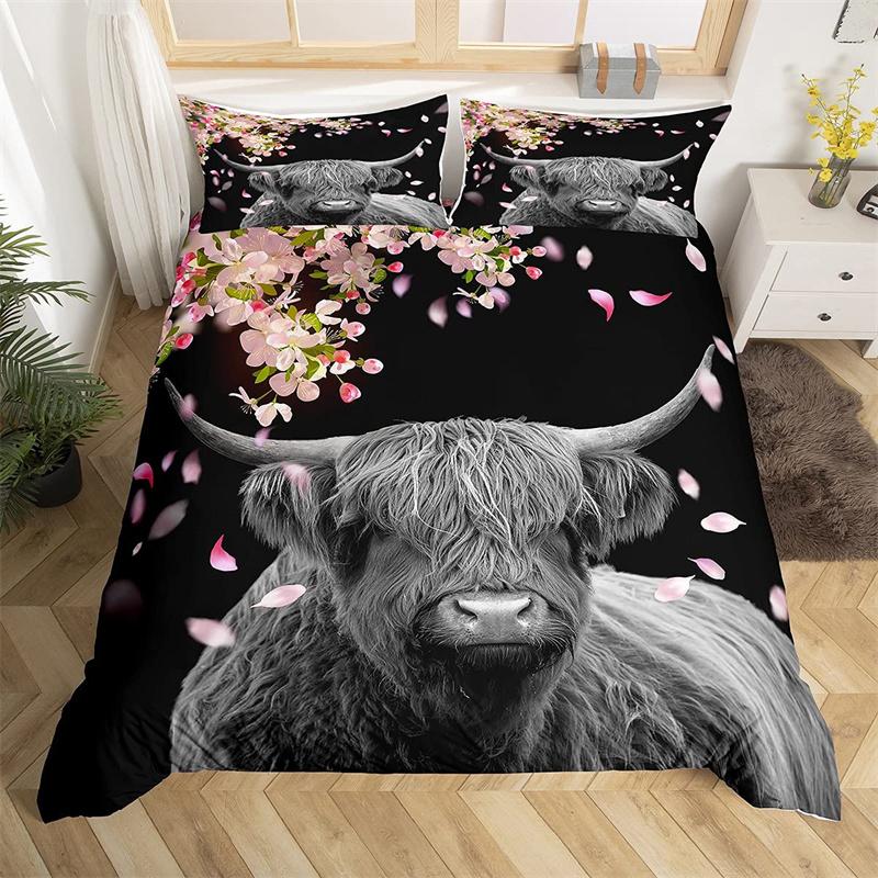 Highland Cow Bedding Set Polyester Bull Cattle Flowers Quilt Cover Western Wild Animal Duvet Cover Farmhouse Cow Bedspread Cover