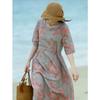 Elegant Light-color Printed Cotton and Linen Medium and Long Dress for Women's 2025 Summer New Product Loose and Casual Over the Knee Waist and Thin