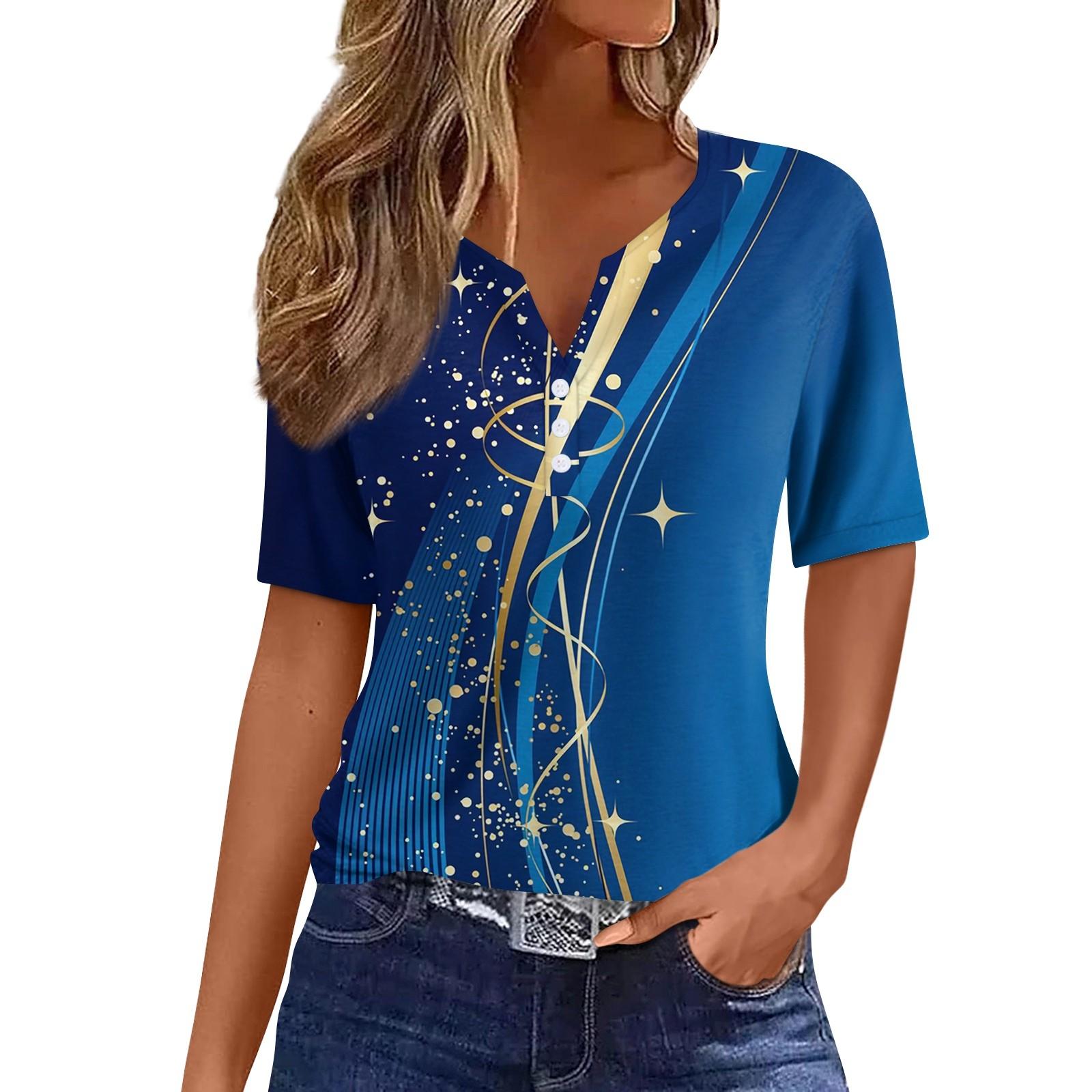 

Женская модная повседневная футболка с градиентным цветочным принтом и v-образным вырезом, топ на пуговицах с короткими рукавами S синий