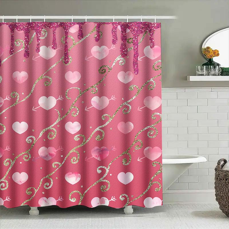 Romantic Heart Print Shower Curtain Pink Gold Waterproof Fabric With Glittery Drip Design For Bathroom Decor