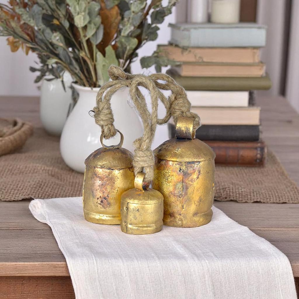Set of 3 Large Rustic Iron Hanging Bells for Farmhouse Decor Cow Bell 2.5", 4.5", 5.5", Vintage Gold Christmas Ornaments with Jute Rope for Crafts