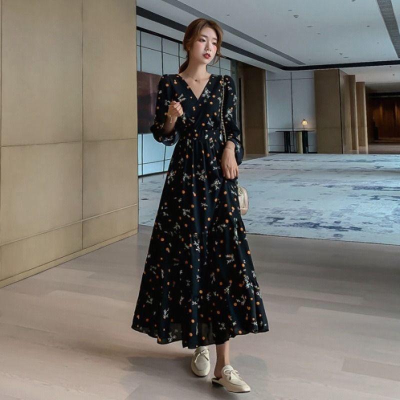 WTEMPO Brand Fragmented Chiffon Long Sleeve Dress Loose Retro Versatile Large Hemline Skirt Slim Tall Super Long Knee Skirts