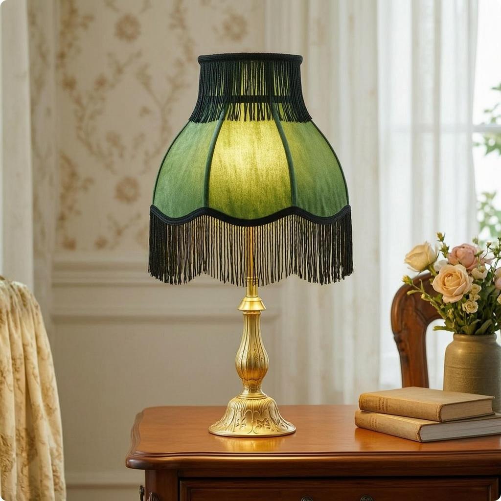 Lamp with Retro Fabric Shade, Elegant Fringe