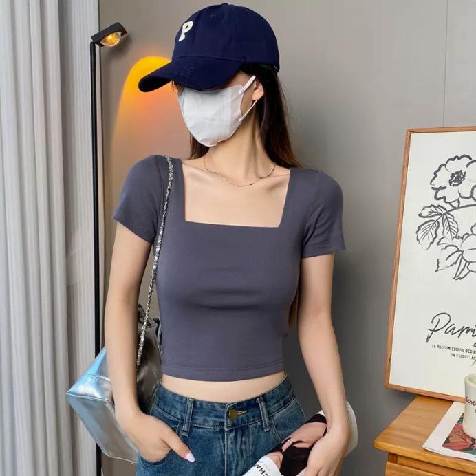 

Plus Size Square Neck Short Sleeve Slimming Cropped Top for Women L (101-110 Jin)