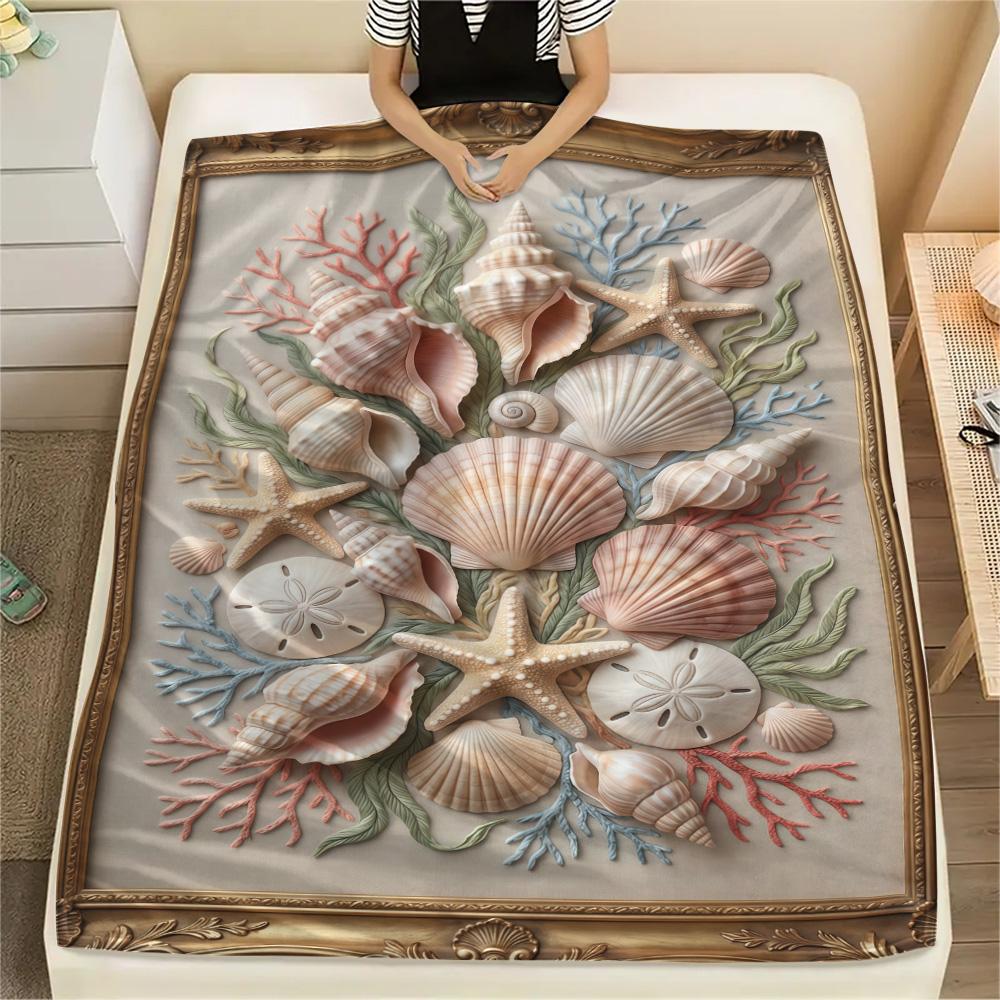 1PC Seashell  Print FlAannel Blanket, High quality Comfortable for All Seasons, Home Decor, Warmth and Comfort
