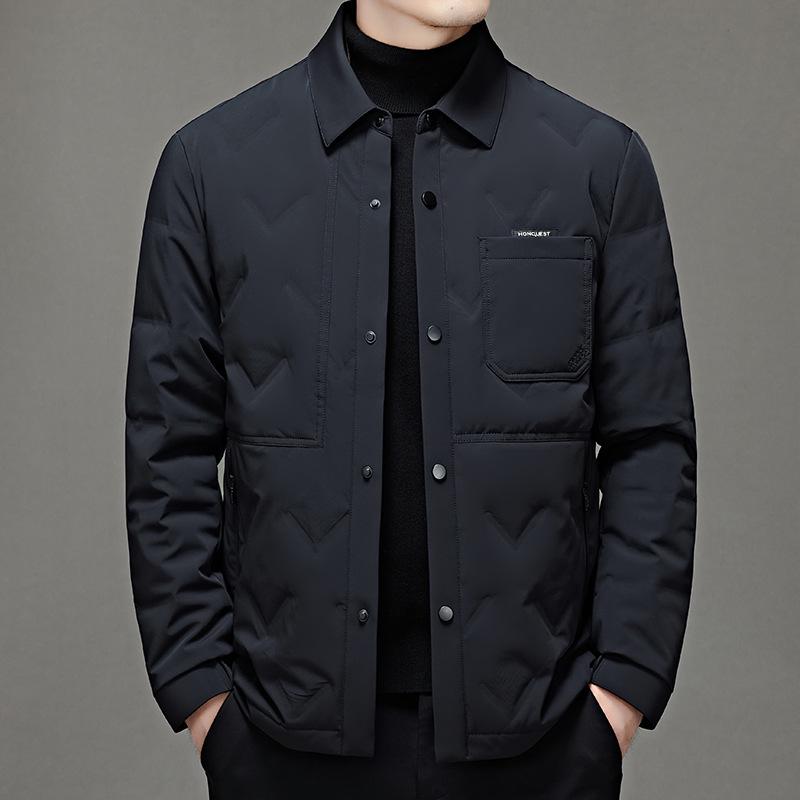 Men's White Shirt-Style Duck Down Jacket: Single-Breasted, Lapel, Warm, Business Casual Coat for Middle-Aged.