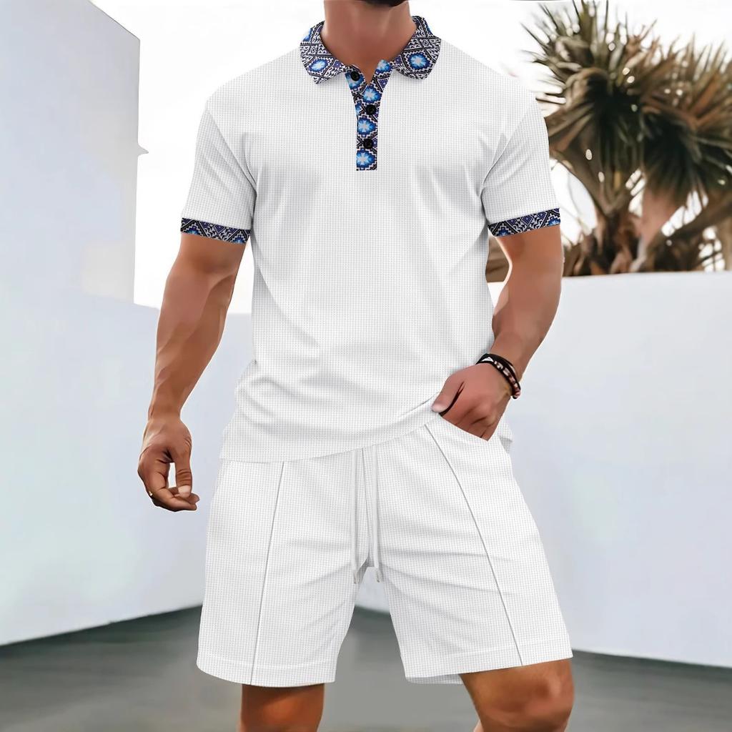 Sommer Herren Waffelknöpfe einfarbig Revers Kurzarm T-Shirt Shorts Freizeitanzug