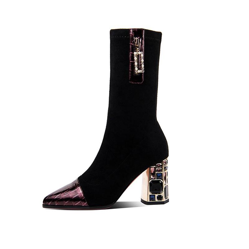 Damenstiefel Stoff High-Heel Herbst Sockenstiefel Damenmode Reißverschluss High-Heel Schuhe mit spitzer Zehe tragen