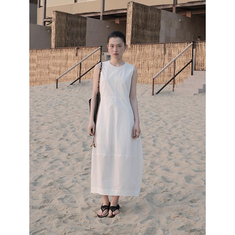 

MMC Sleeveless Linen Dress for Women – Spring Arrival, White, Waist-Cinched, High-End Long Skirt One Size