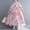 Summer New Literary Age Reduction Large Size Loose and Thin Printed Short-sleeved Long Dress with Pockets Over the Knee Skirt