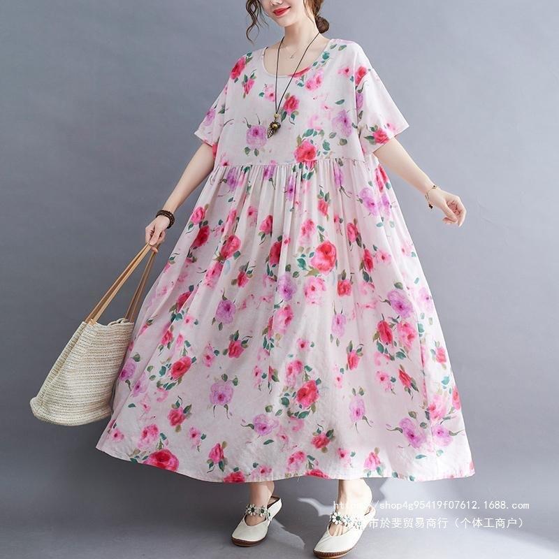 Summer New Literary Age Reduction Large Size Loose and Thin Printed Short-sleeved Long Dress with Pockets Over the Knee Skirt