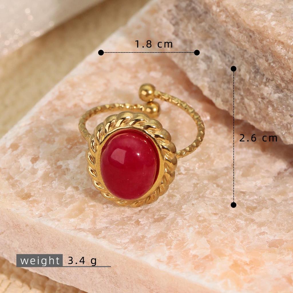 18K Gold-Plated Stainless Steel Open Adjustable Retro Natural Stone Ring
