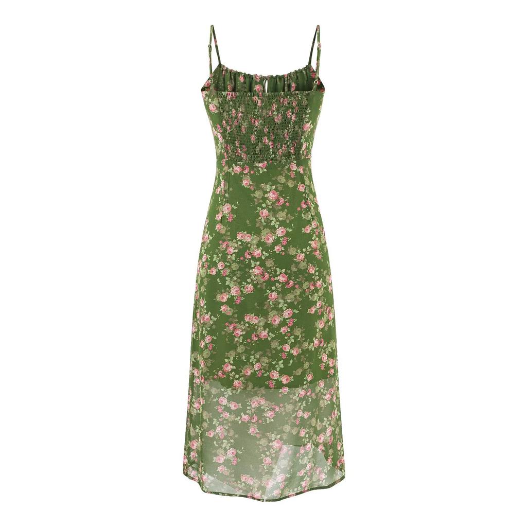 French sweet floral suspender dress women's summer new small fresh slim and thin lace-up holiday medium and long dress
