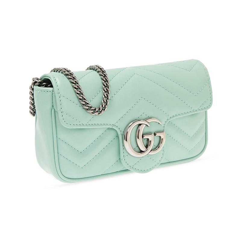 Gucci GG Marmont Marmont Etichetta Argento Logo Catena Pelle Trapuntata Borsa a Spalla Super Mini Donna Verde