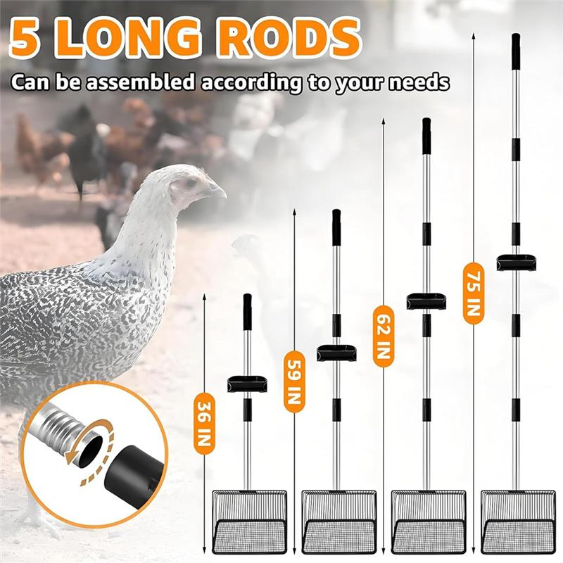 ABNO-Chicken Poop Scooper, 5 In 1 Adjustable Chicken Coop Pooper Shovel Stainless Steel Sifting Shovel With Ergonomic Grip