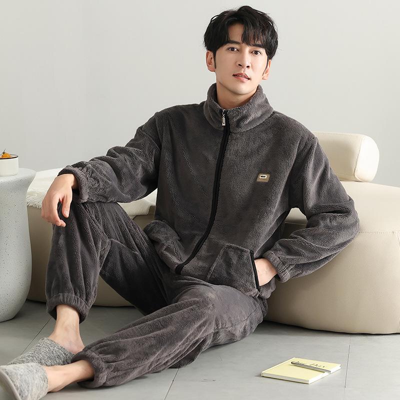 Korallenfleece Pyjama Herren Herbst und Winter Fleece Verdickt Warm Herren Flanell Winter Große Größe Loungewear Set