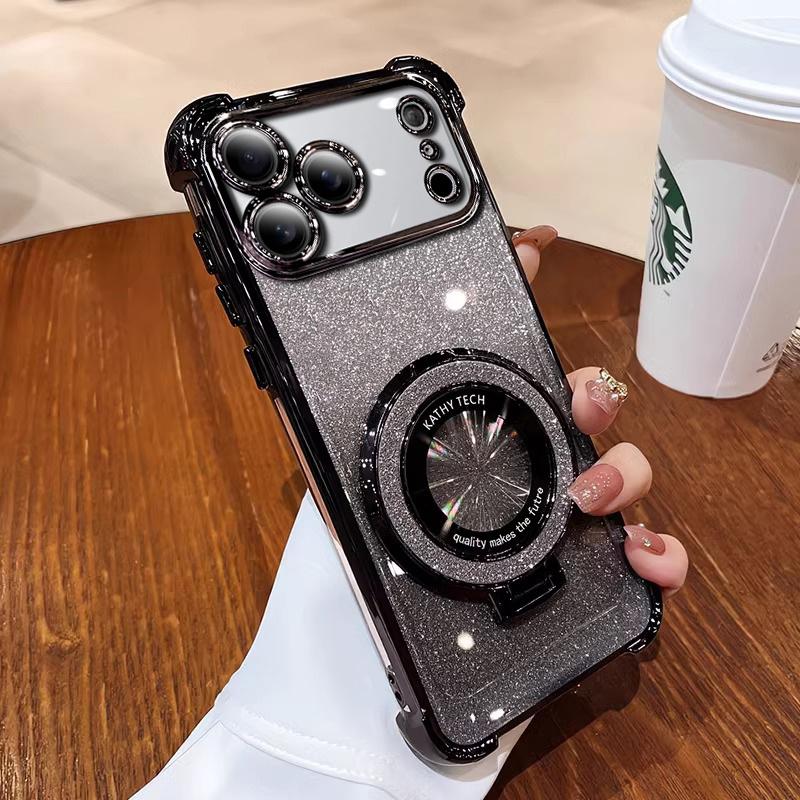 Shockproof Glitter Plating Magnetic Bracket Case for IPhone 17 Air 16 16E 15 14 Plus 13 12 Mini 11 Pro XS Max XR Silicone Cover
