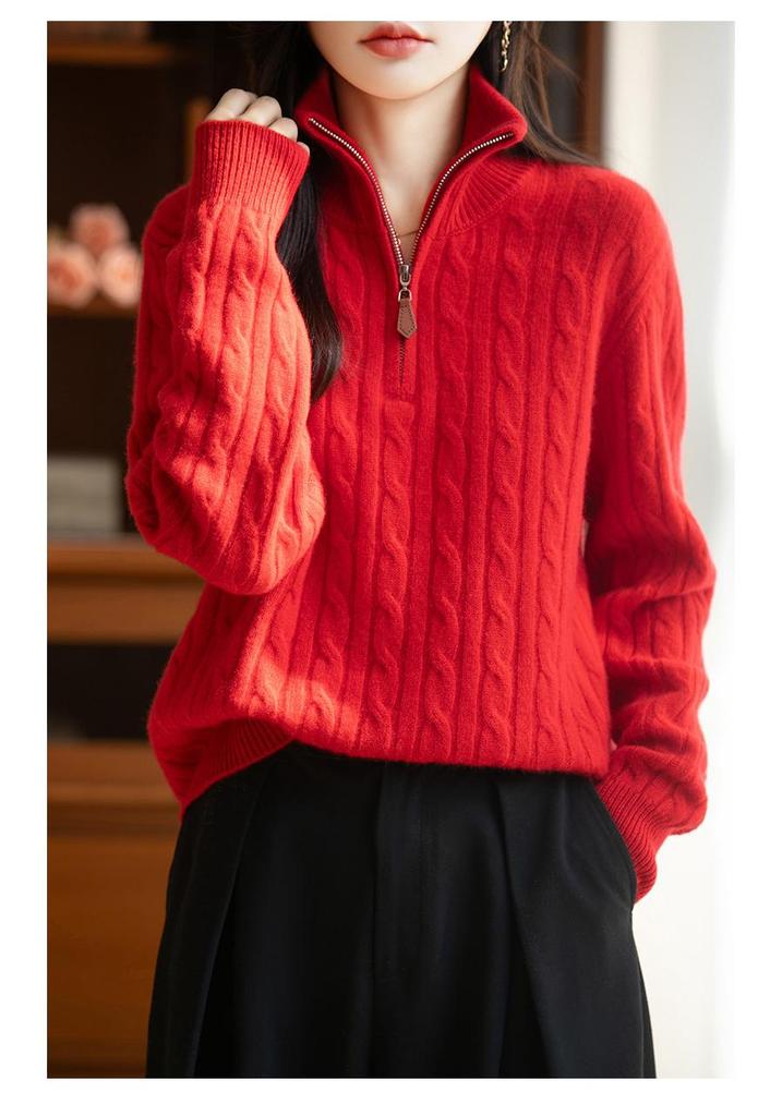 Women's Polo Collar 100% Pure Wool Sweater - Thickened, Zip-Up, Cable Knit, Long Sleeve Base Layer for Autumn and Winter