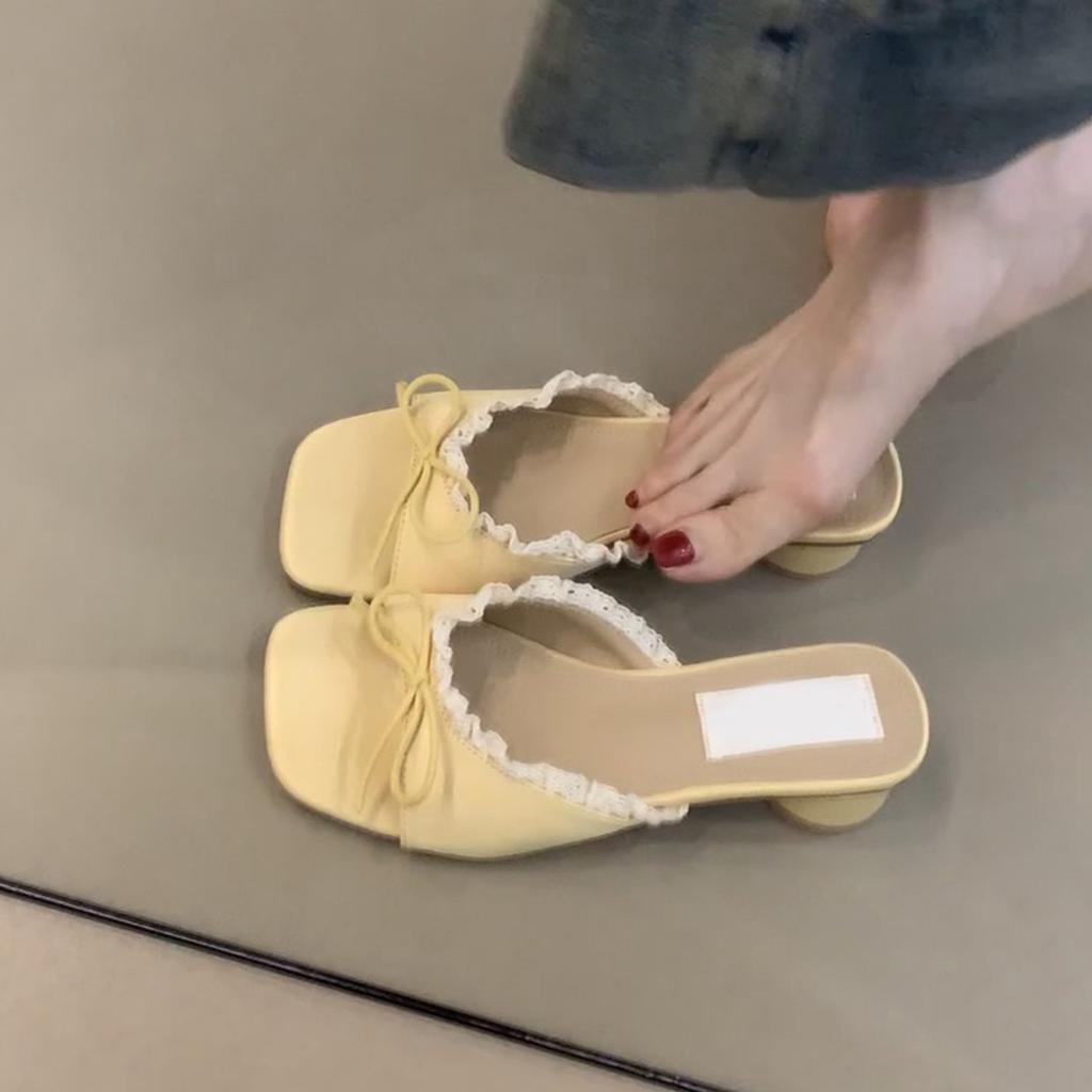 Gentle Fairy Cool Slippers 2025 Summer French Sweet Elegant Lace Bow Silk Open-toed Sandals