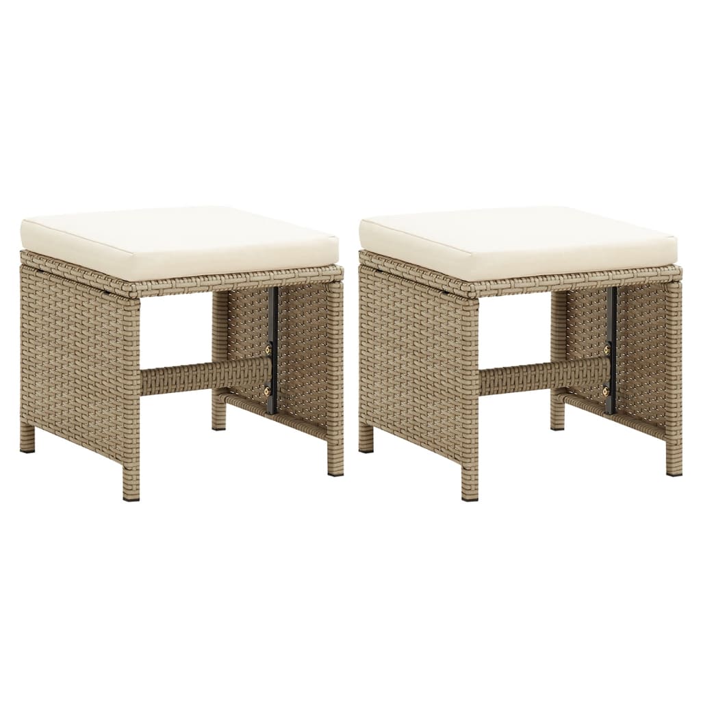 Garden Stool Set 2 Pieces with Seat Cushions Poly Rattan Beige