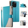 For iPhone 16 Pro Case Zipper Pocket Wallet Color Splicing Leather Flip Phone Cover with Straps