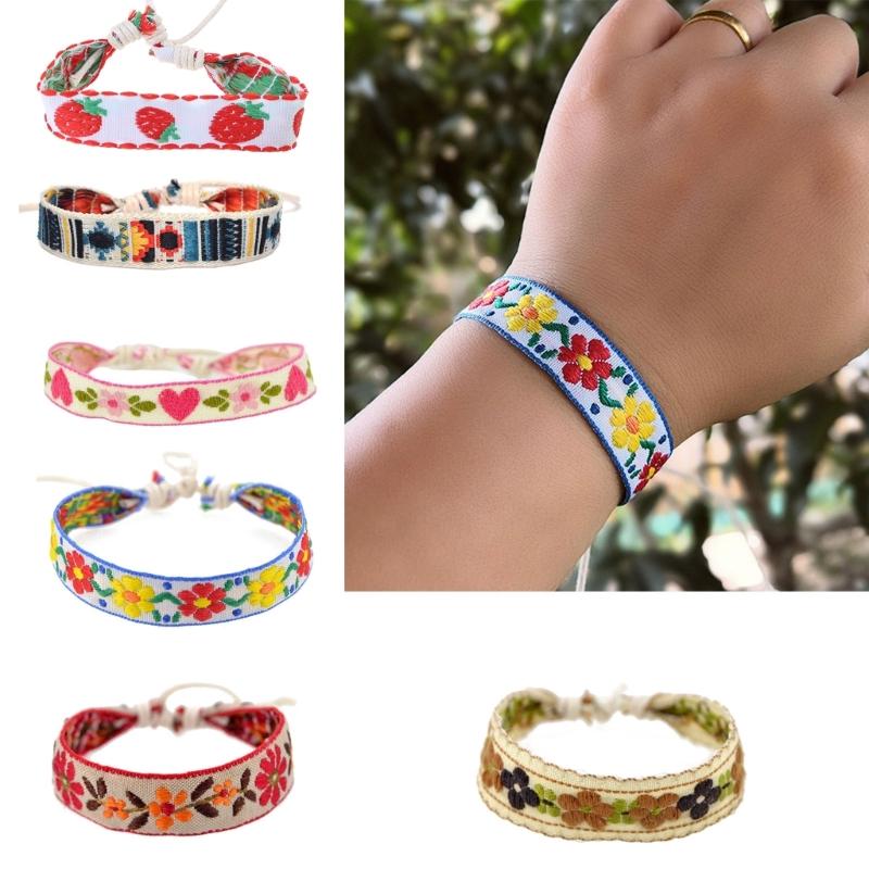 Strawberry Flower Embroidered Bracelet Bohemia Style Weave Rope Friendship Bracelets Handmade Charm Bangles Jewelry