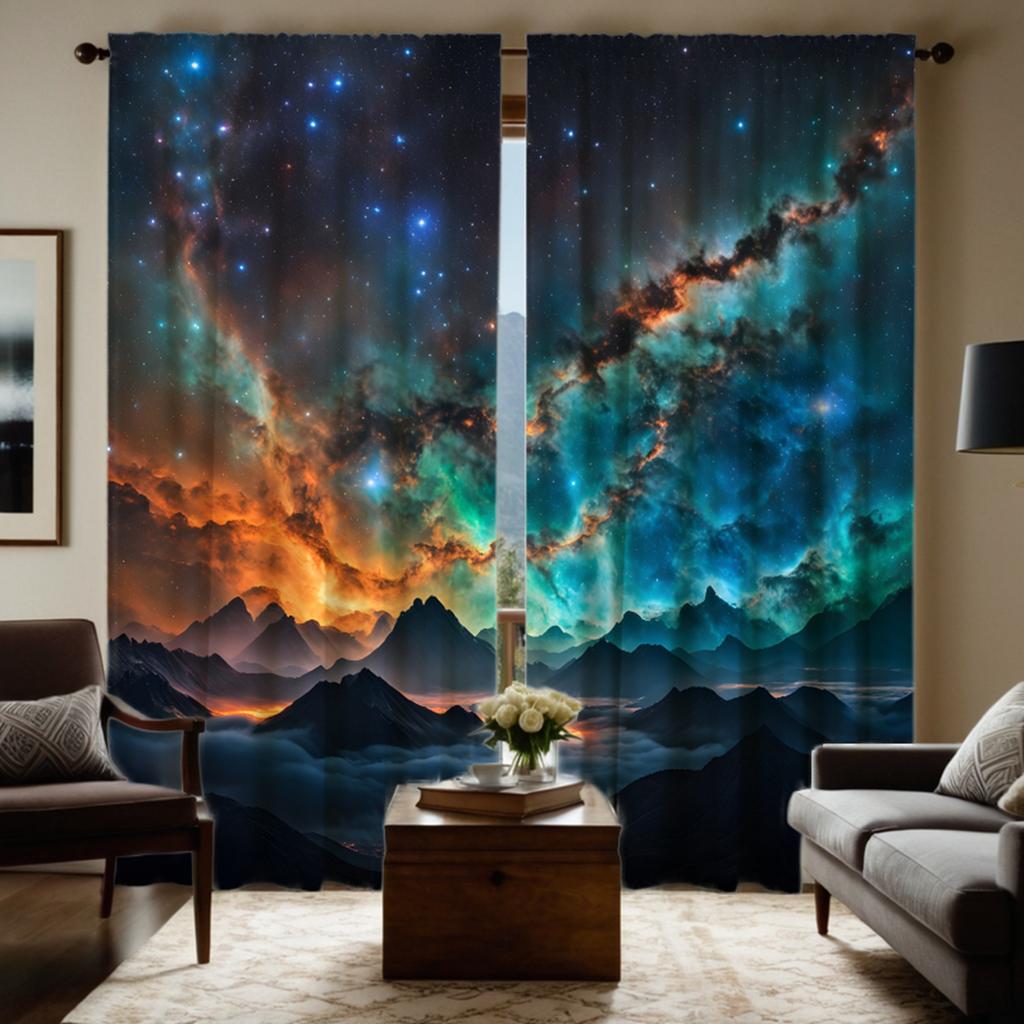 2 Pieces of HD Scenery Under the Stars Decorative Curtain Black Tie Digital Printed Curtain Home Decoration Style Decoration Liv
