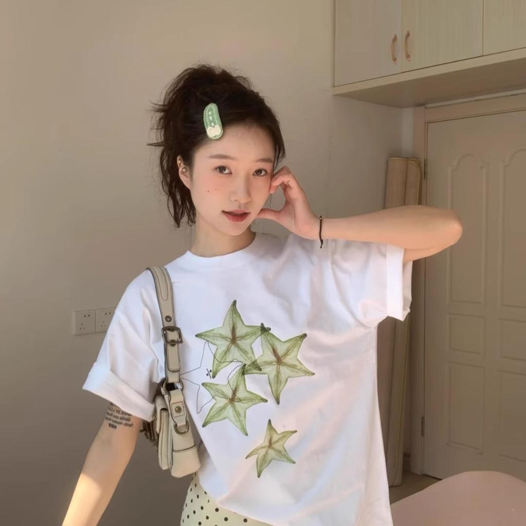 Korean niche white short-sleeved T-shirt women's summer fun star fruit print loose casual heavy cotton top ins