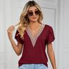 V-neck Petal Short Sleeve Women T-shirt Summer Golden Lace Stitching Loose Pullover Top Streetwear