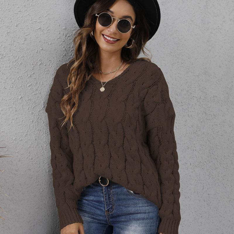 Women's Top, Thickened, Fried Dough Twists Knitting, V-neck Design, Hooded Loose Sweater, Pullover Sweater, Winter Jacket