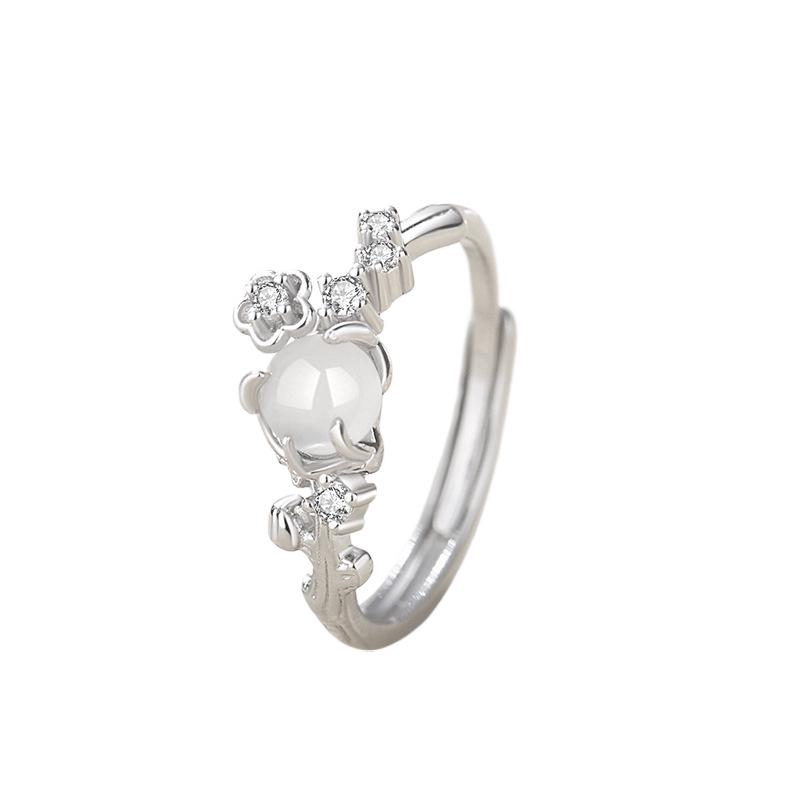 Tichia Original 999 Pure Silver Chalcedony Plum Flower Couple Ring Adjustable