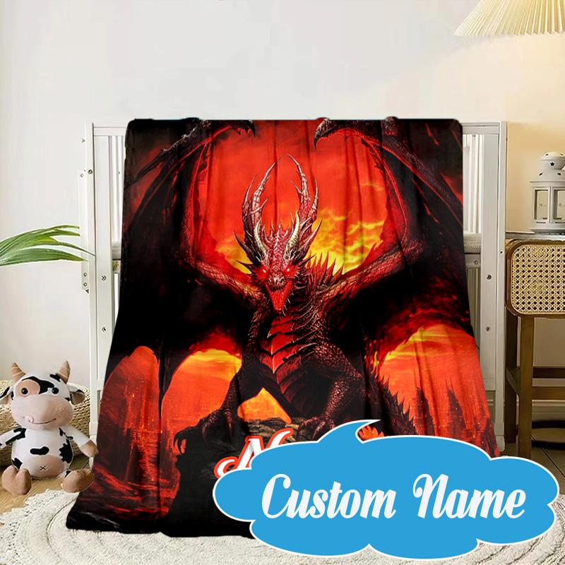 Custom Name Fiery Dragon's Majesty Blanket bed sofa Blanket Flannel Blanket for Camping, Hiking, Picnic Essentials,gift for Fan family