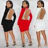 Fashion Sexy Rhinestone Mesh Beaded Backless Long Sleeve Midi Dress for Women