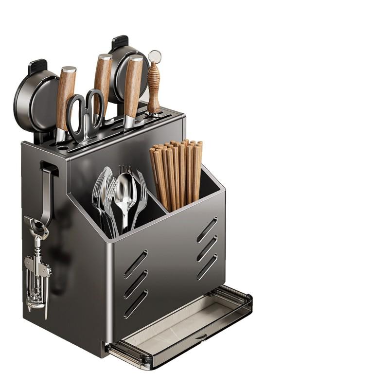Wall-Mounted Kitchen Knife Rack With Chopstick Holder Multi-Function Stainless Steel Utensil Organizer No Drill Required
