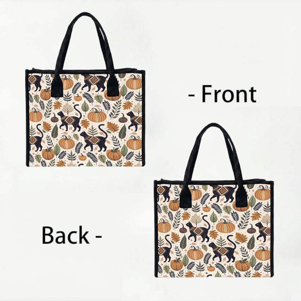 Autumn Cat Pumpkin Printed Canvas Tote Bag Casual Daily Shoulder Handbag for Shopping Travel