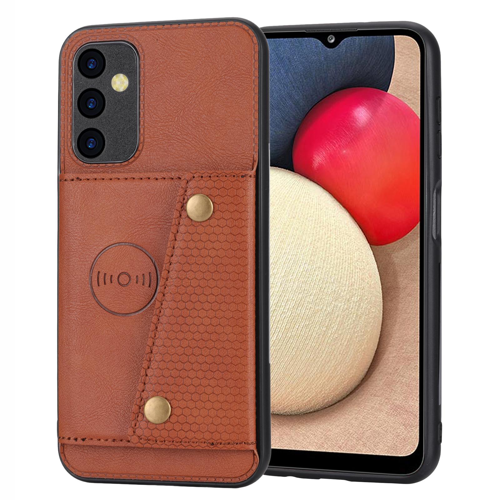 

For Samsung Galaxy A14 5G/A14 4G Dual Button Card Slots Leather Coated TPU Case Car Mount Metal Sheet Kickstand Phone Cover Light Brown