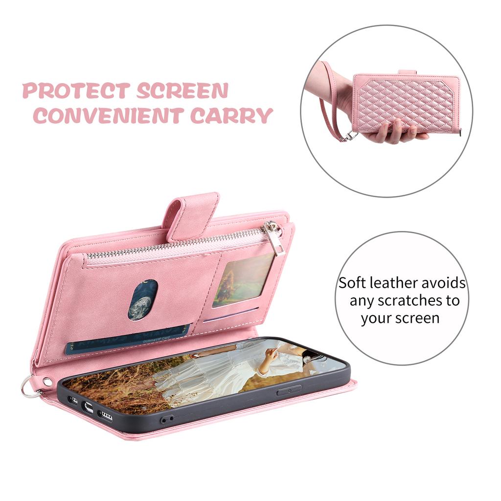 For iPhone 17 Air Wallet Case Rhombus Stitching Line PU Leather Phone Cover with Wrist Strap